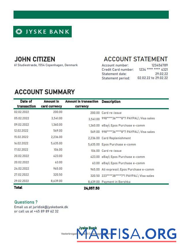 Downloadable Denmark Jyske bank statement excel sample